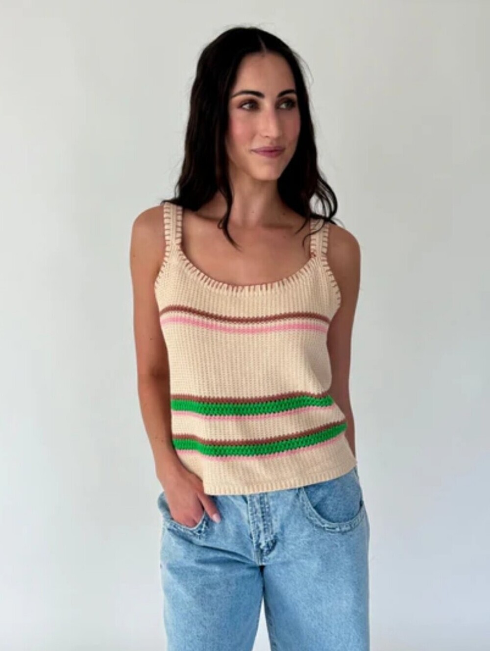 NWT Multi-Color Natural Striped Crochet Sweater Tank oversized relaxed fit sz S